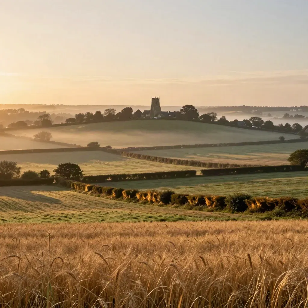 Golden-hour South Leicestershire fields with a village church tower on a gentle rise.