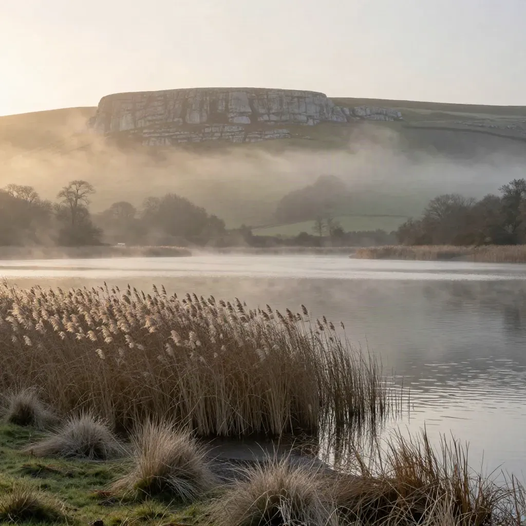Sunrise mist over a reservoir with reeds, wooded slopes, and a limestone ridge