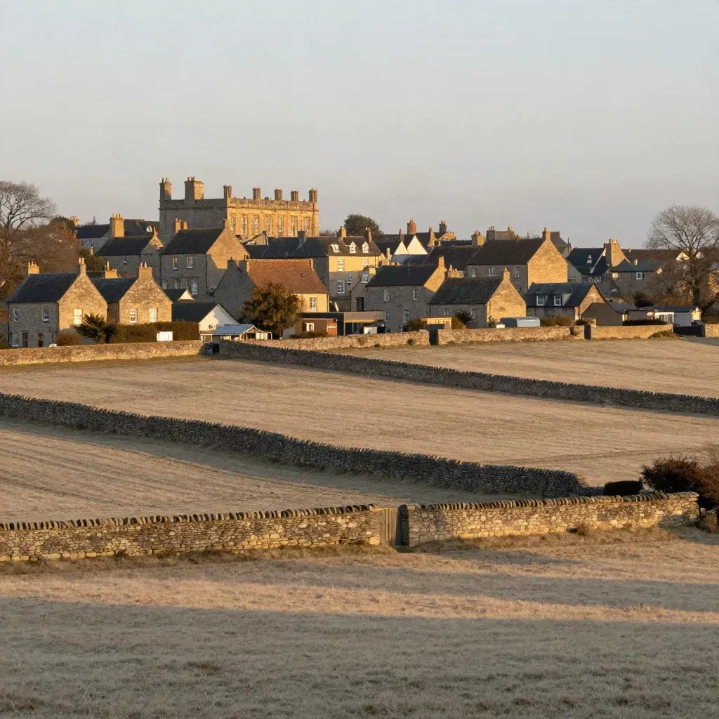 Warm dusk over Rutland limestone walls, pale pasture, and high market-town rooftops.