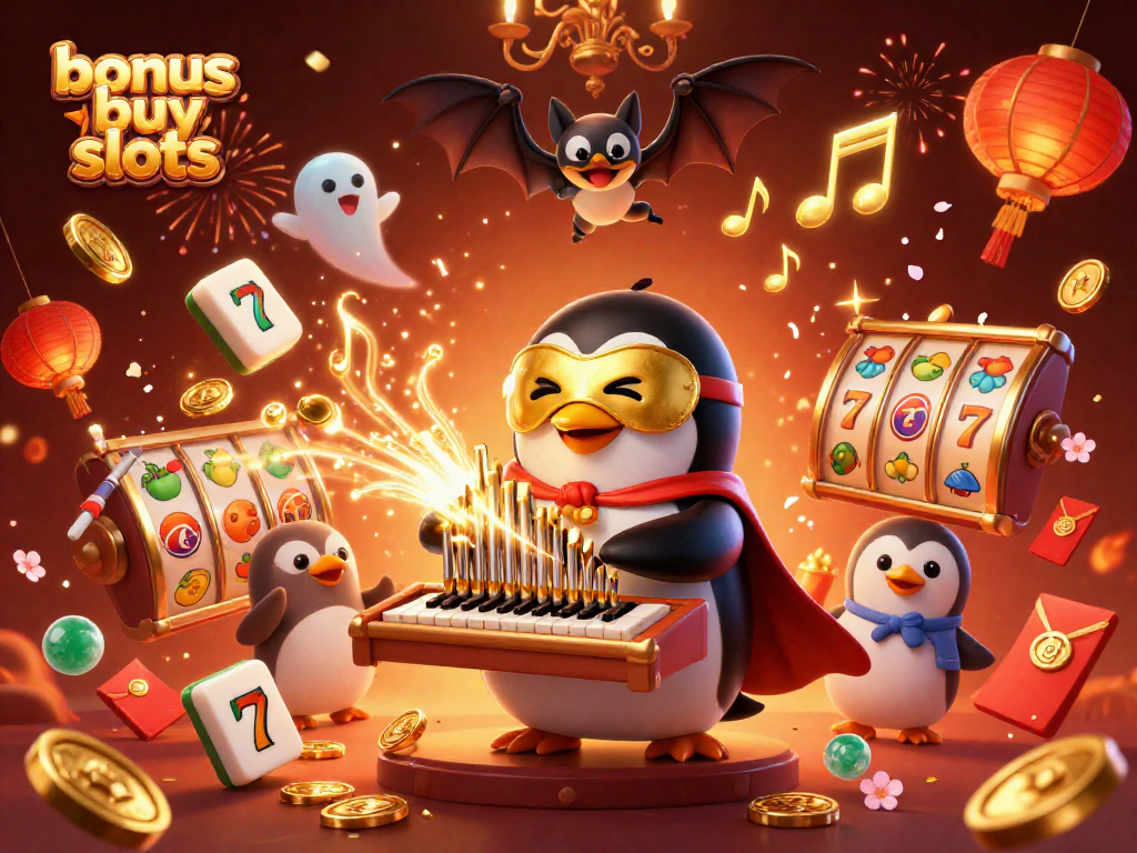 Experience the thrill of bonus buy slots with vibrant 3D characters and casino elements in a festive atmosphere.