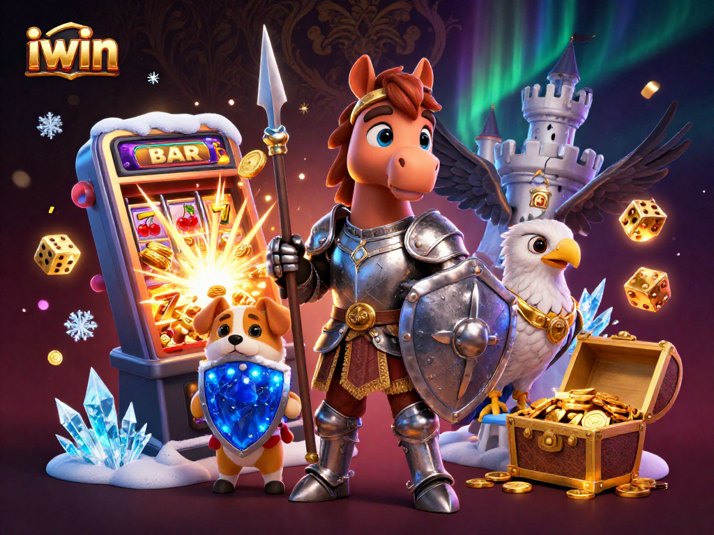iwin offers exhilarating slot jackpots with knight and puppy in a lively casino scene.