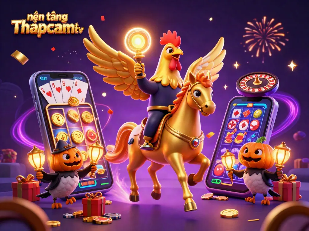 Engage with nền tảng Thapcamtv showcasing a golden rooster and mystical elements in a vibrant casino.