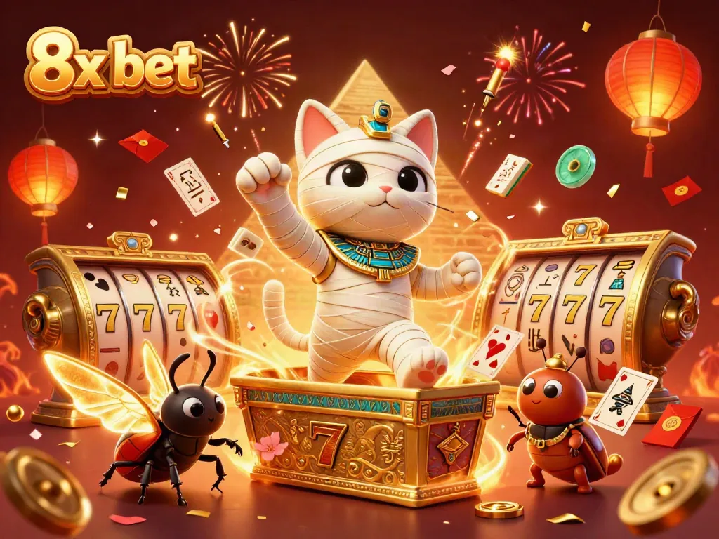 Engage in exciting gameplay with 8x bet, featuring an Egyptian mummy cat and casino elements.