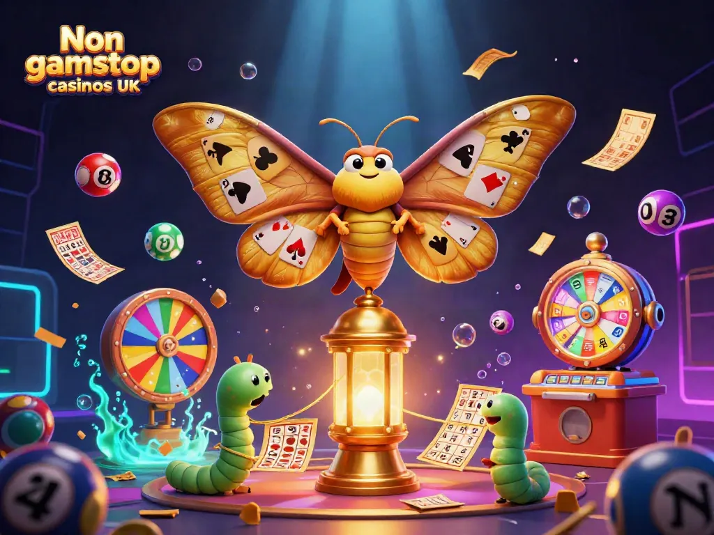 Showcasing Non gamstop casinos UK with vibrant lottery balls and a majestic moth illustration.