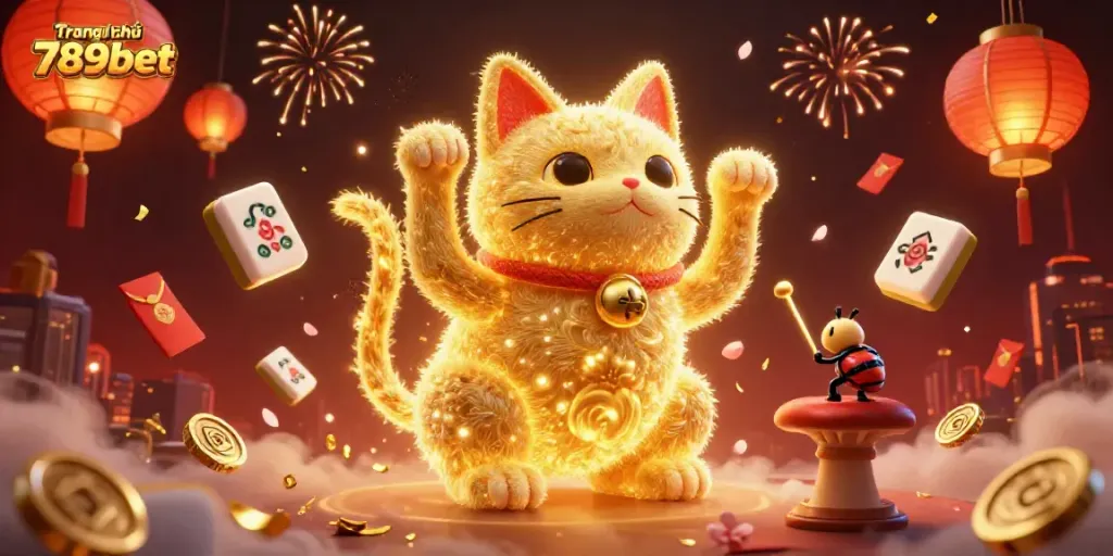 Engage with the vibrant and festive "Trang chủ 789bet" scene showcasing a lucky cat and casino symbols.