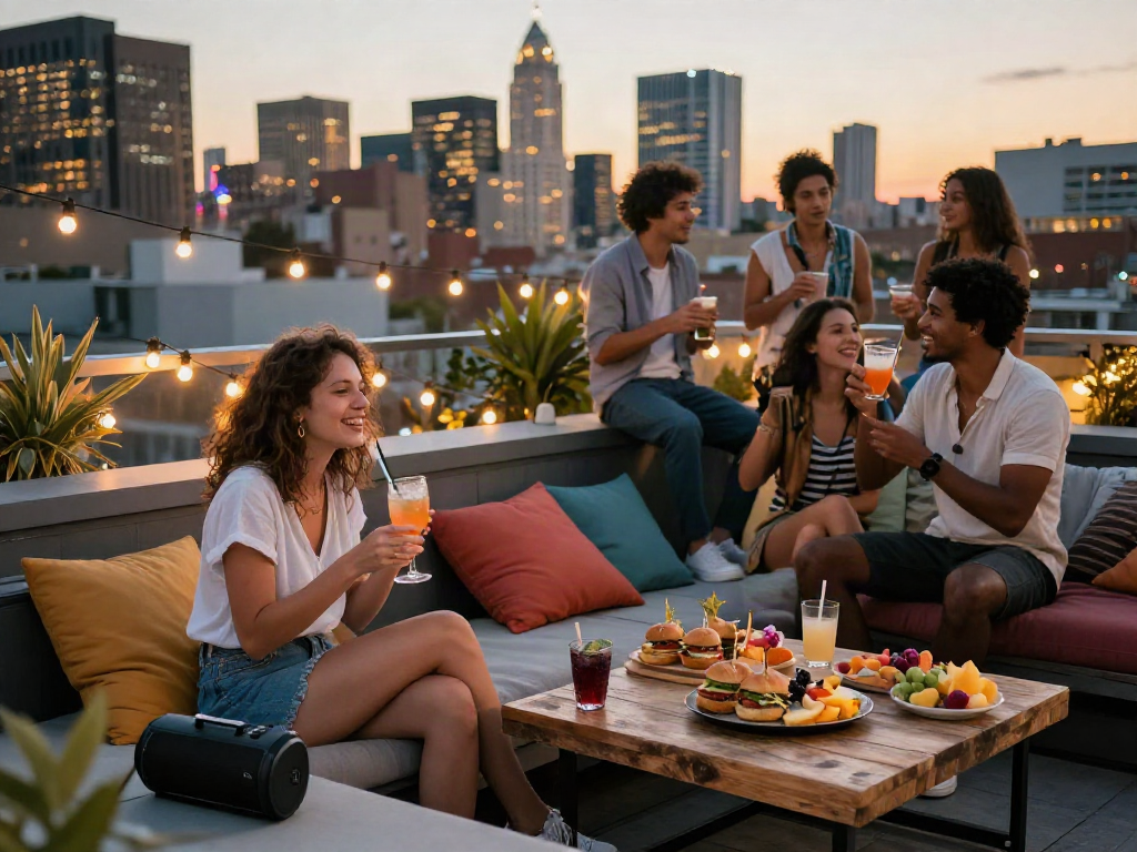 NSFW rooftop party scene with friends enjoying a sunset gathering, vibrant city lights in the background.