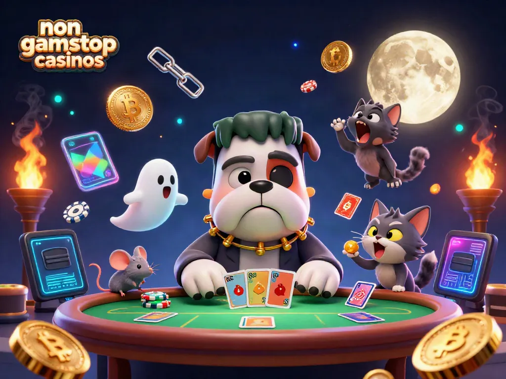 Engaging scene showcasing non gamstop casinos with a Frankenstein bulldog dealing cards, a ghost mouse, and a werewolf kitten.