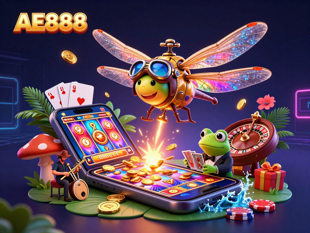 Spin to win with AE888 at a lively lily pad casino filled with card dealers and joy.