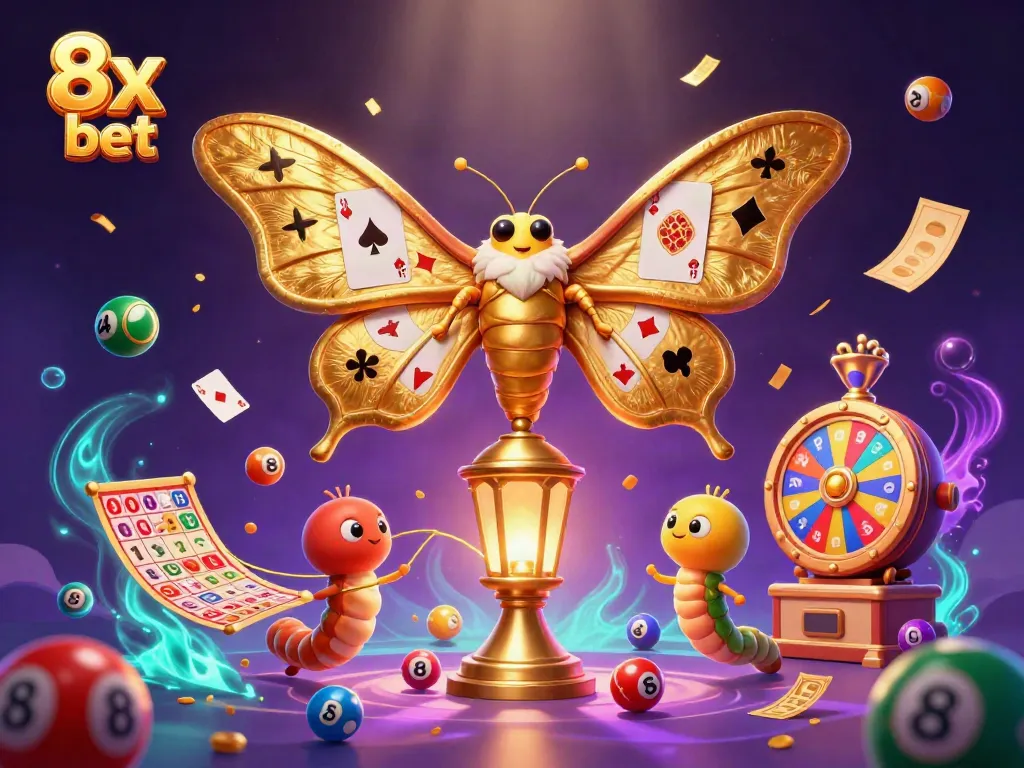 Experience the vibrant world of 8x bet with colorful lottery elements in an enchanting casino illustration.
