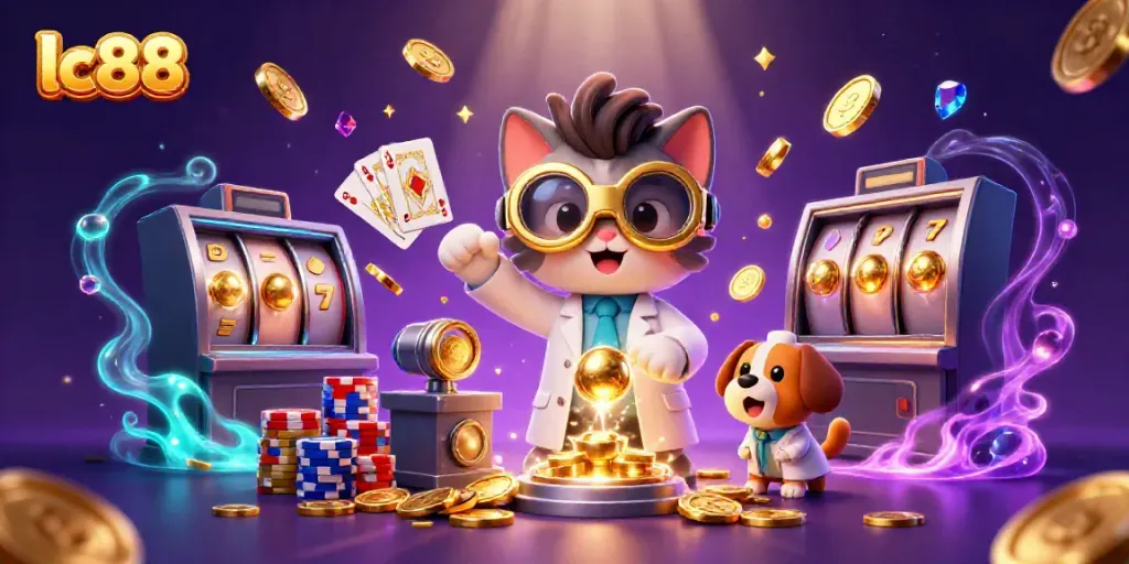 Experience excitement with lc88's vibrant slot machines, golden coins, and animated characters in a lively casino lab scene.