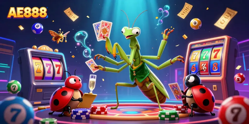 Experience the vibrant AE888 casino with a lively scene featuring a giant mantis and ladybug pit boss.