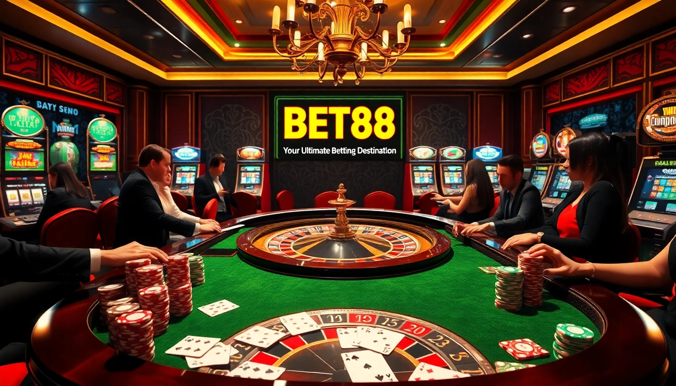 Experience the thrill of nhà cái BET88 with players at a roulette table, surrounded by poker chips and vibrant slot machines.