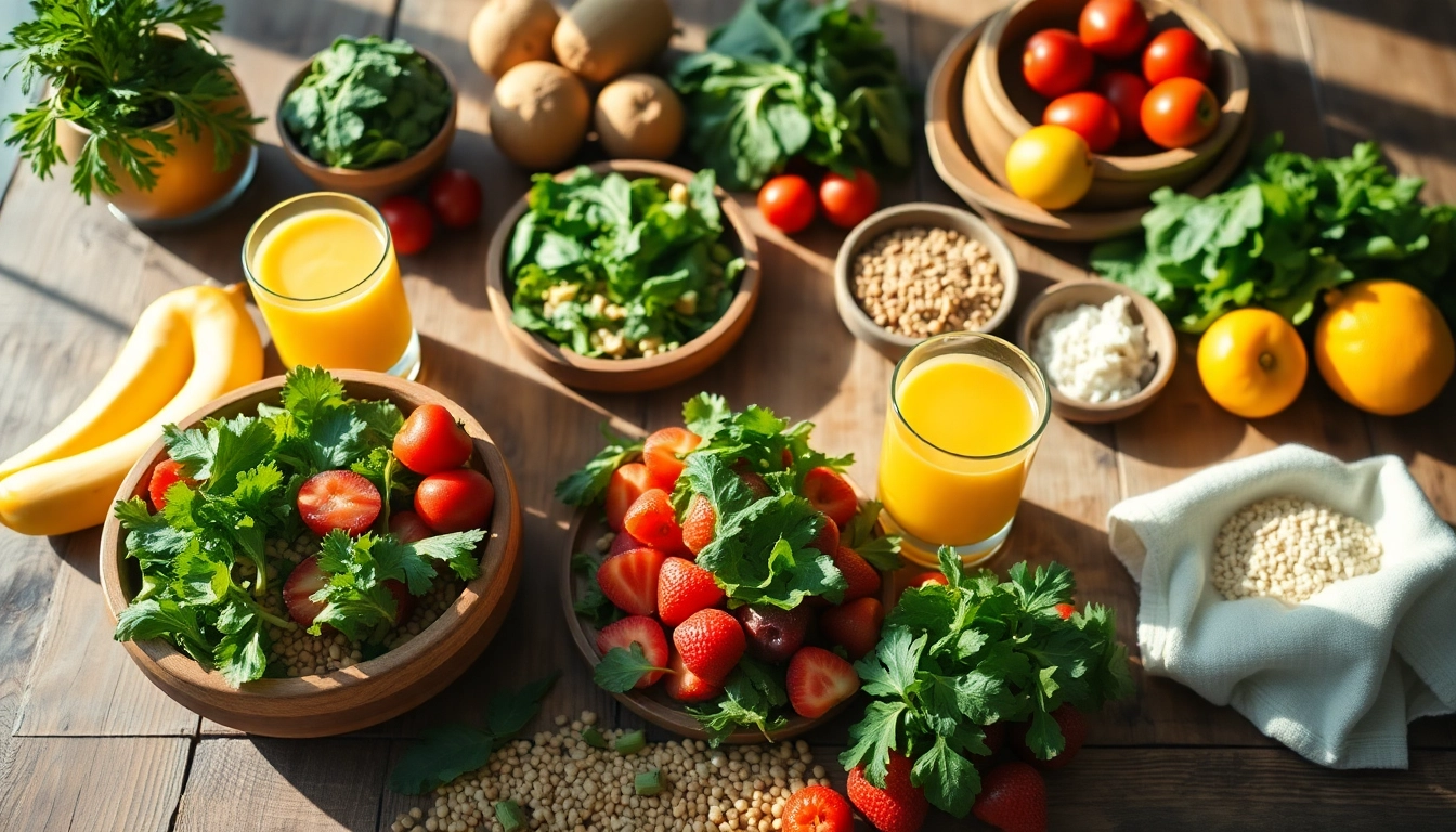 Explore a vibrant healthy food spread showcasing fresh fruits and greens.