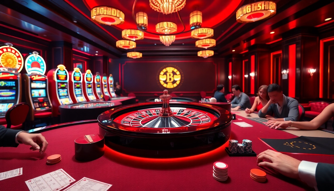 Thrilling action at nhà cái rr88 with players at a vibrant casino table, surrounded by poker chips and roulette wheels.