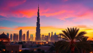 Experience the vibrant skyline and rich culture while traveling to Dubai, featuring Burj Khalifa at sunset.