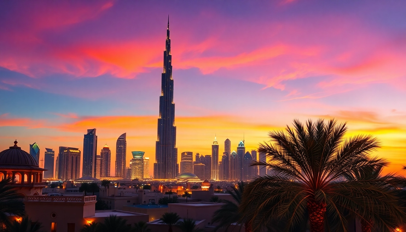 Experience the vibrant skyline and rich culture while traveling to Dubai, featuring Burj Khalifa at sunset.
