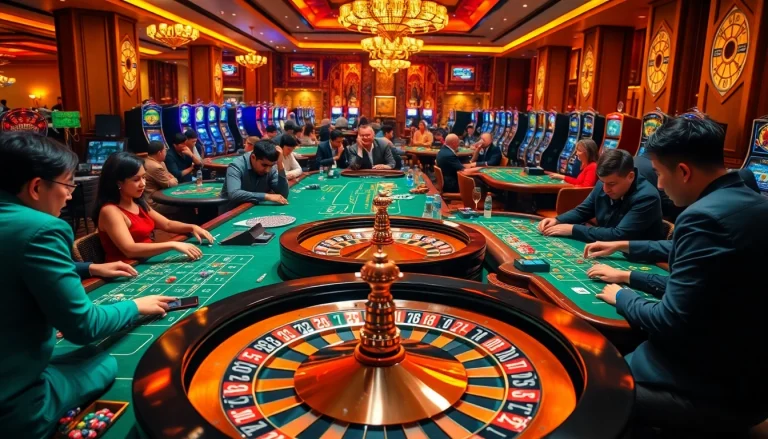 Excited players at a vibrant casino, showcasing Nhà cái uy tín in action at gaming tables and slot machines.