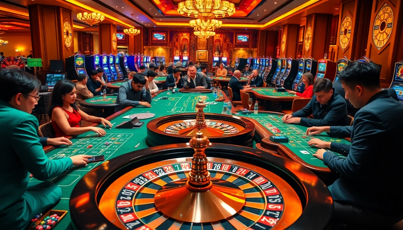Excited players at a vibrant casino, showcasing Nhà cái uy tín in action at gaming tables and slot machines.