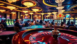 THA casino gaming floor filled with vibrant slot machines, poker tables, and players engaged in thrilling bets.