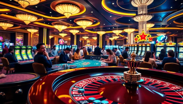 THA casino gaming floor filled with vibrant slot machines, poker tables, and players engaged in thrilling bets.