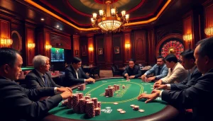 A lively casino scene showcasing excited players engaging in a poker game at Dabet Hoa Kỳ, surrounded by vibrant decor and casino elements.