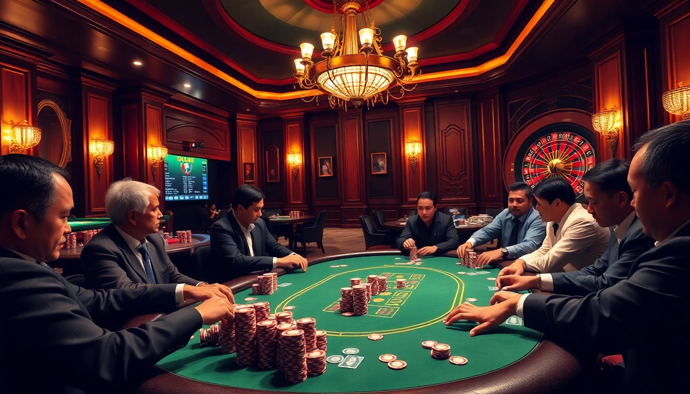 A lively casino scene showcasing excited players engaging in a poker game at Dabet Hoa Kỳ, surrounded by vibrant decor and casino elements.
