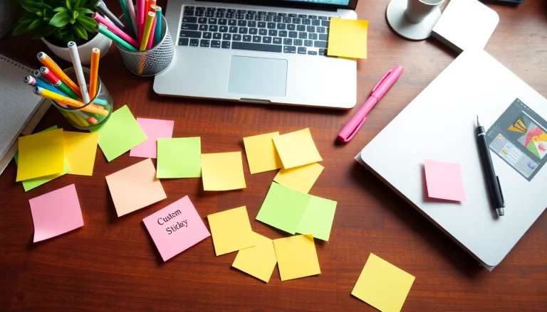 Brightly colored custom sticky notes arranged creatively on a desk to inspire motivation.