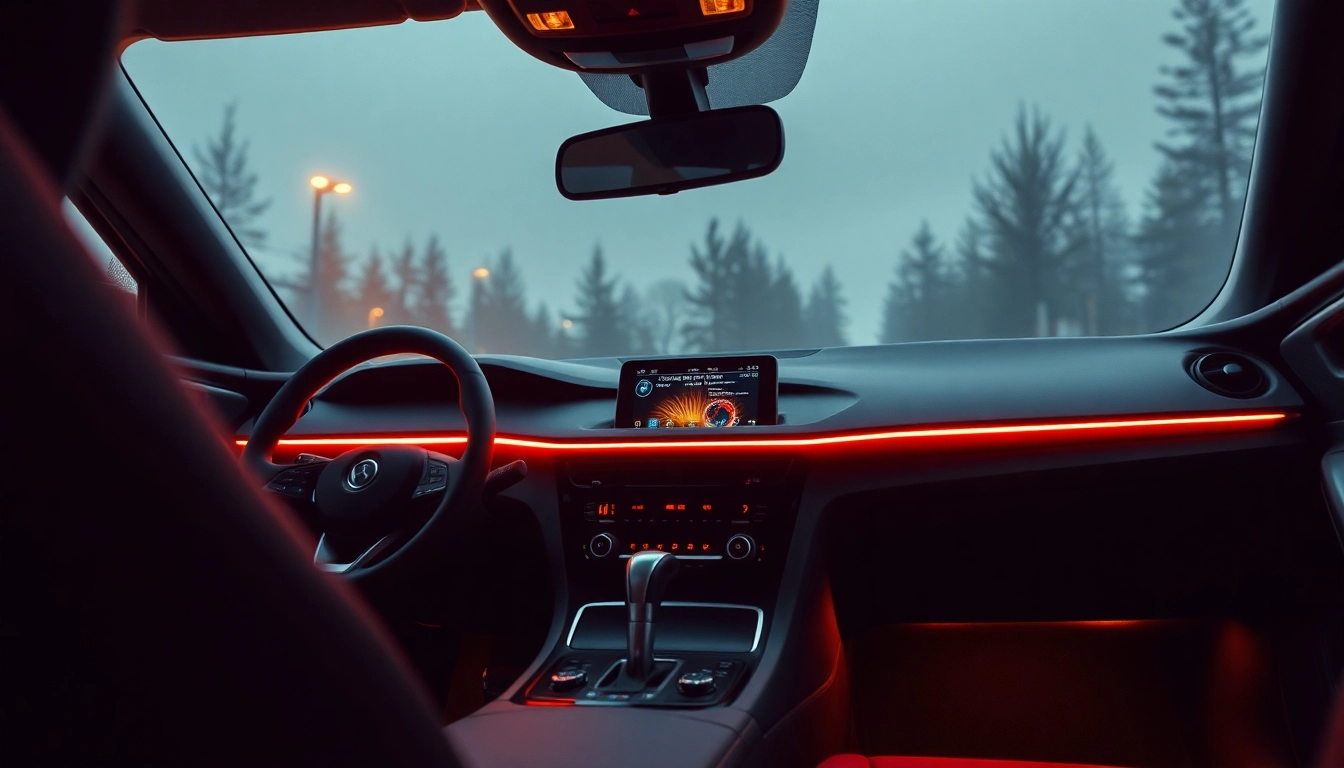 Garsiakalbiai enhancing the audio experience in a stylish car interior with premium design features.