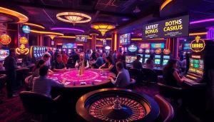 Exciting CM88 casino floor with players at poker and roulette, vibrant atmosphere.