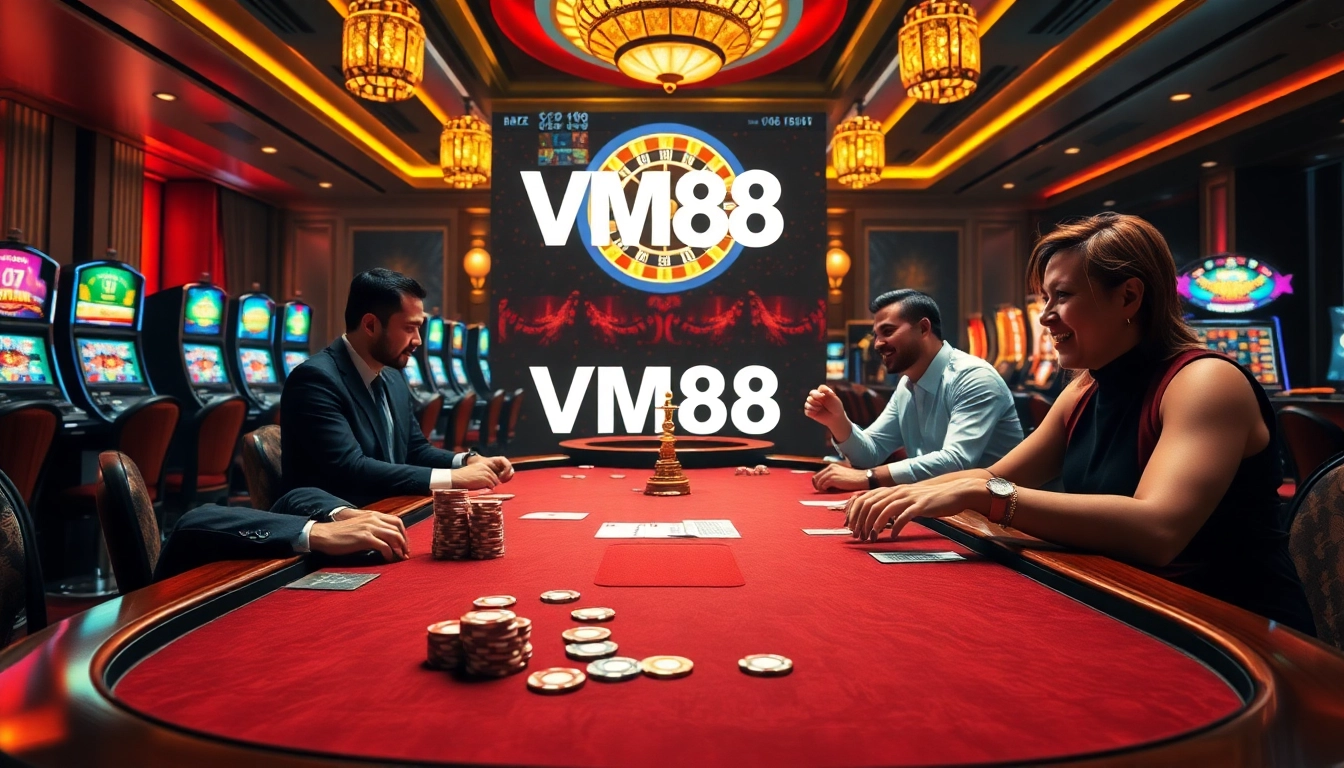 VM88 Poker table with enthusiastic players enjoying high stakes gaming experience.