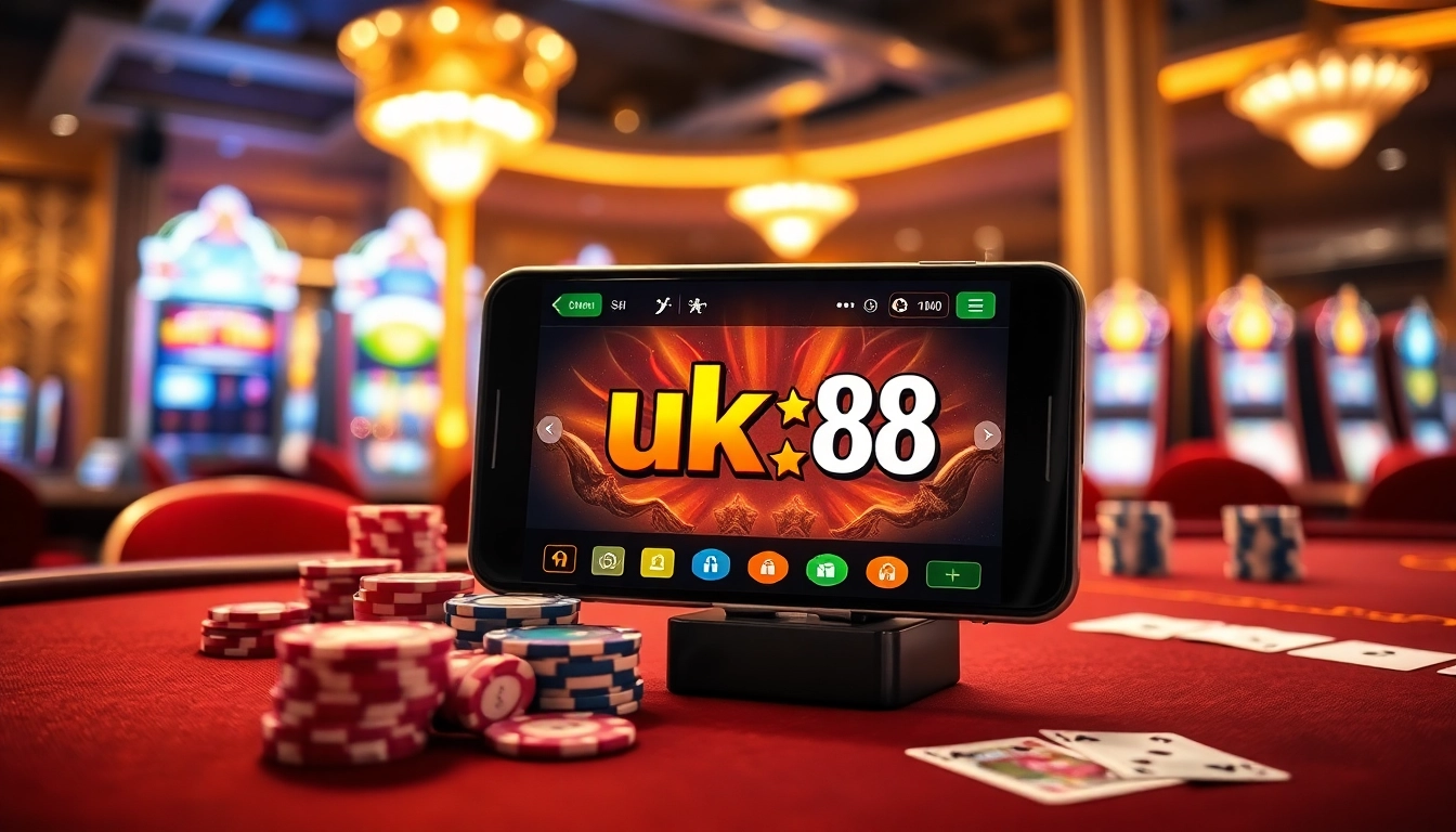 Engage with bắn cá uk88 at a luxurious online casino with animated slot machines and vibrant gaming interface.