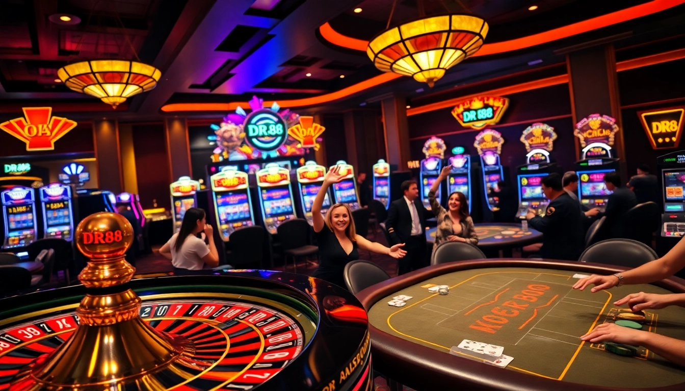 Players celebrating their winning moment at DR88 casino table with vibrant roulette wheel.