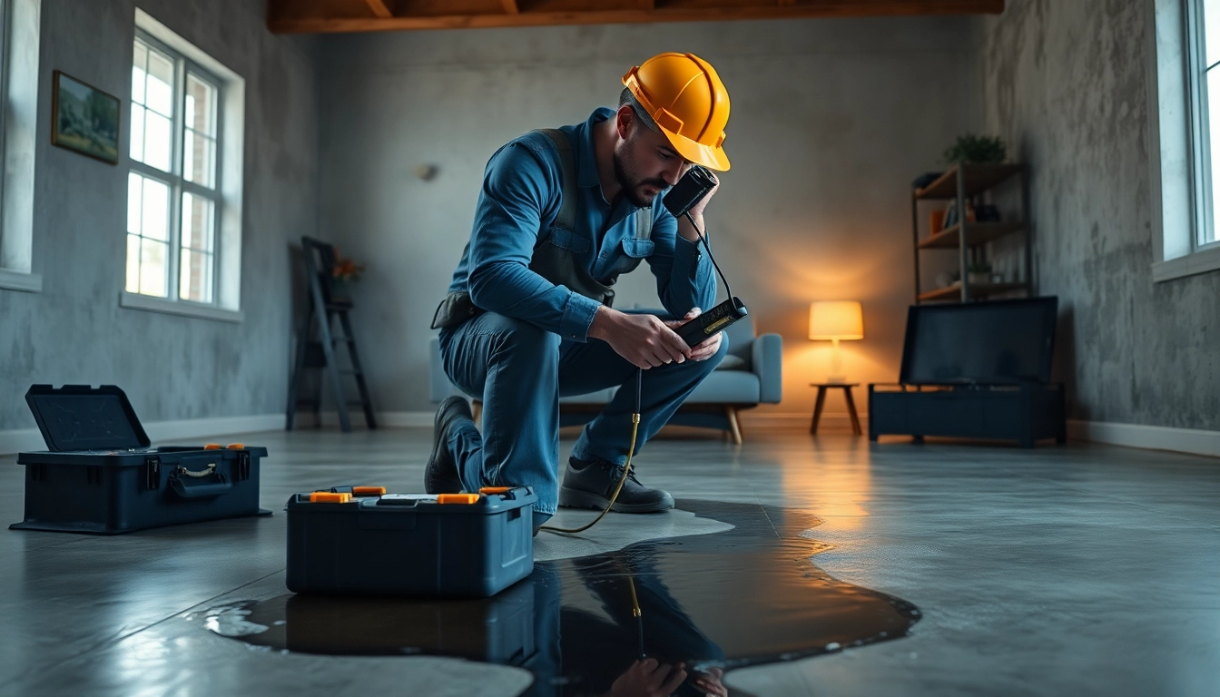 Technician investigating a leak in concrete floor using thermal imaging tools.