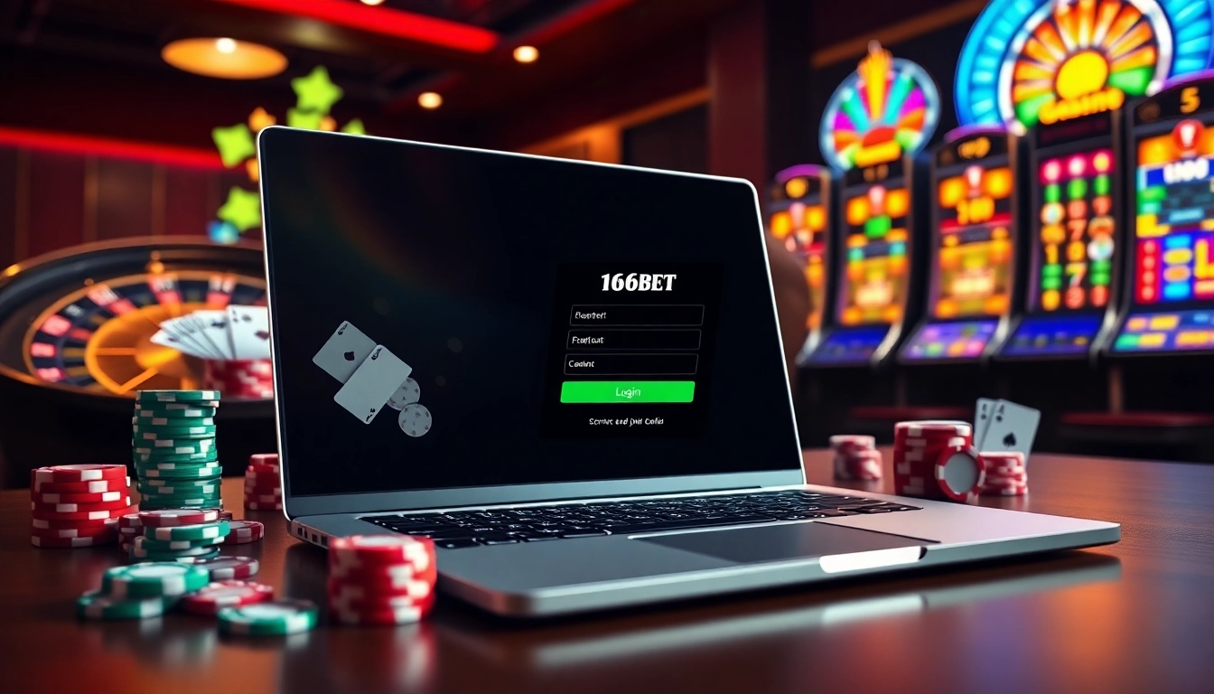 Effortlessly navigate the 166bet Login on a sleek gaming interface with vibrant casino elements.