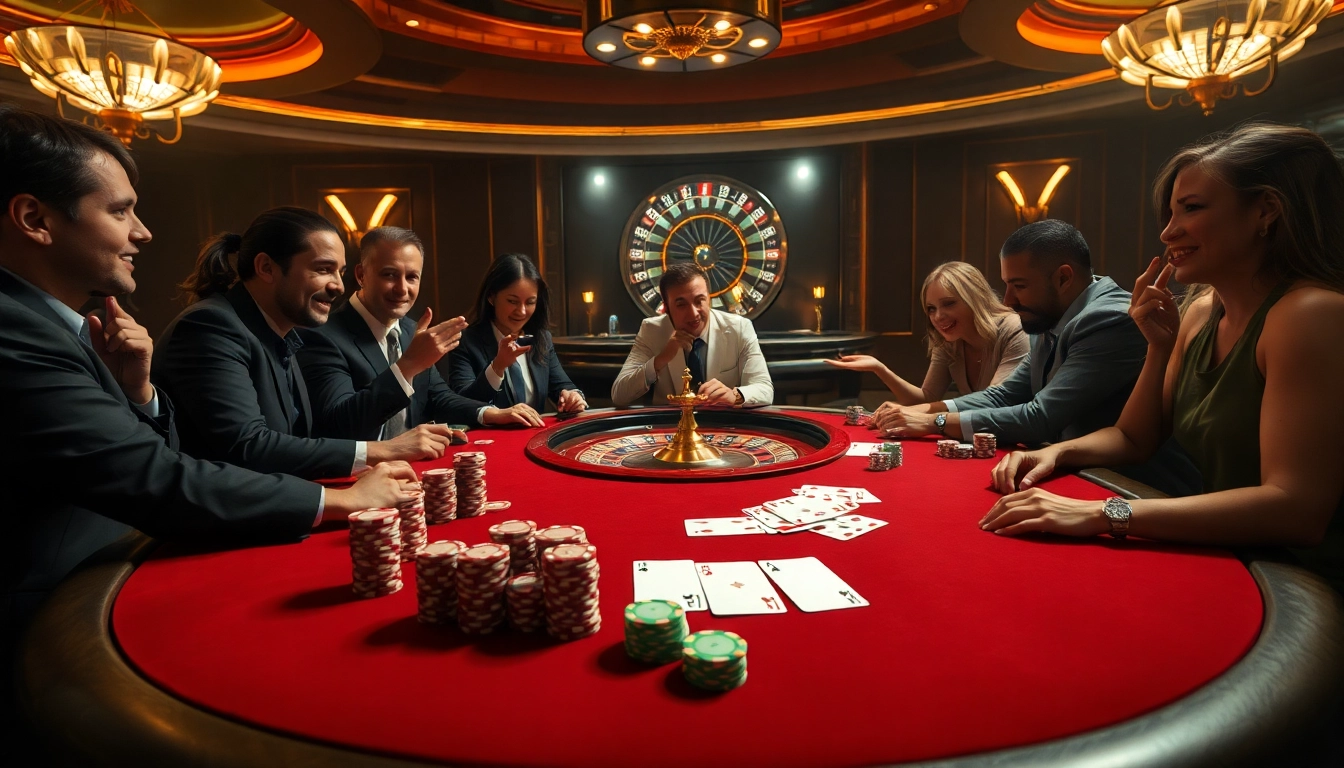 A competitive poker table scene at https://789f.town/ showing intense players, vibrant chips, and a roulette wheel.