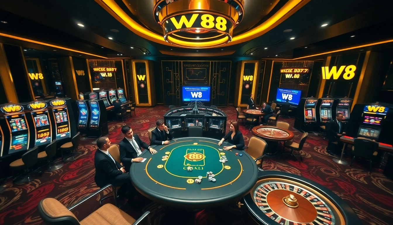Experience the thrill of W 88 at a luxurious casino with engaging poker tables and vibrant slot machines.