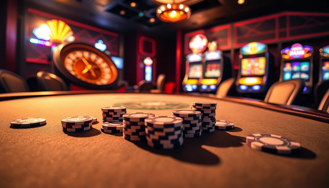 FABET players enjoying an exciting game of poker with vibrant casino elements.