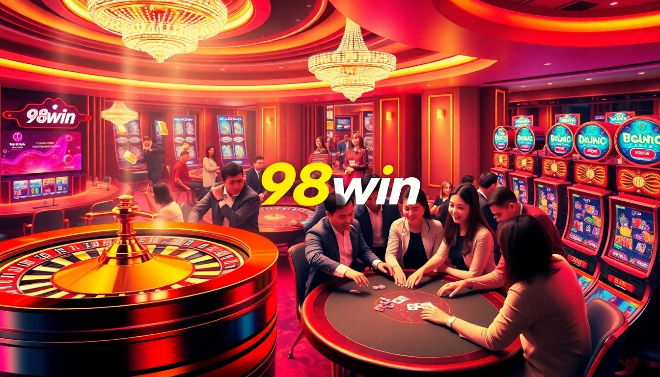 Gamblers enjoying casino games at 98win with vibrant slot machines and roulette wheel