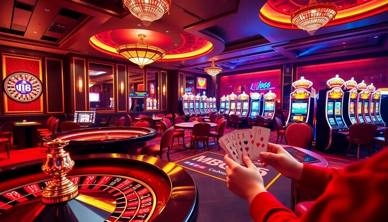 Experience the thrilling atmosphere of MB66 with vibrant casino tables and players celebrating wins.