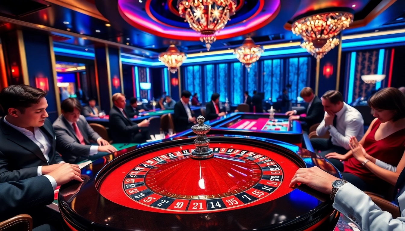 Players excitedly engage at the xn88 casino roulette table, showcasing thrilling gambling action and ambiance.