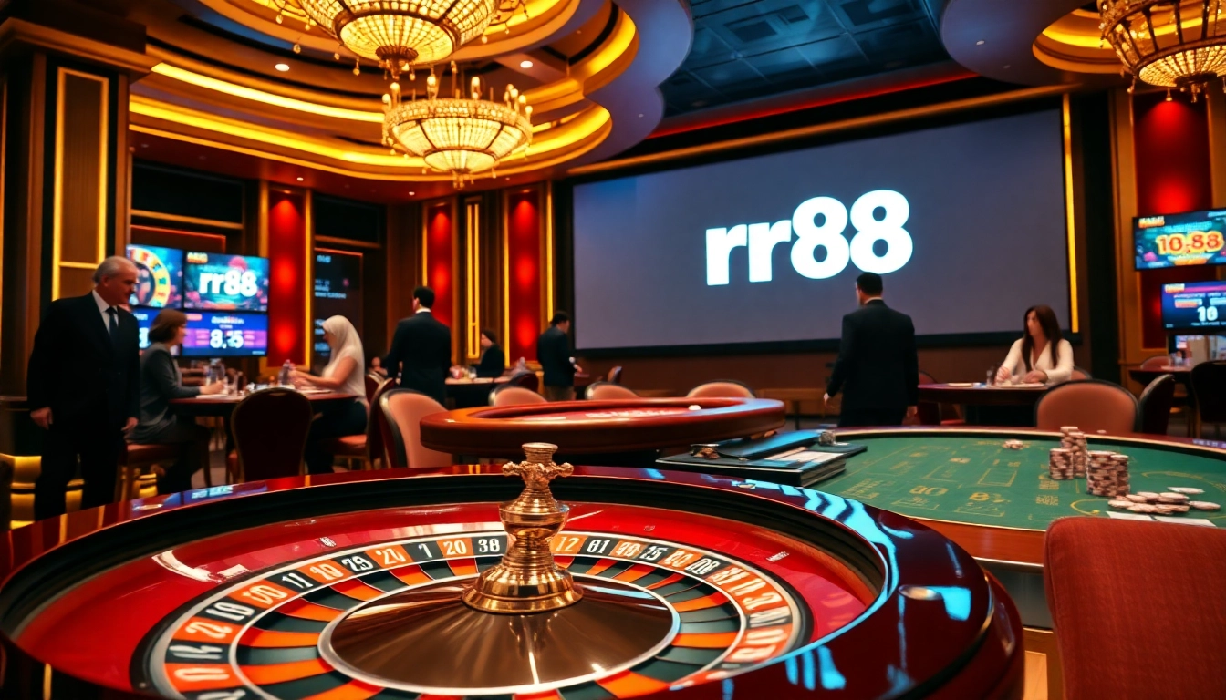 rr88 casino scene showcasing vibrant roulette and poker tables for thrilling gaming.