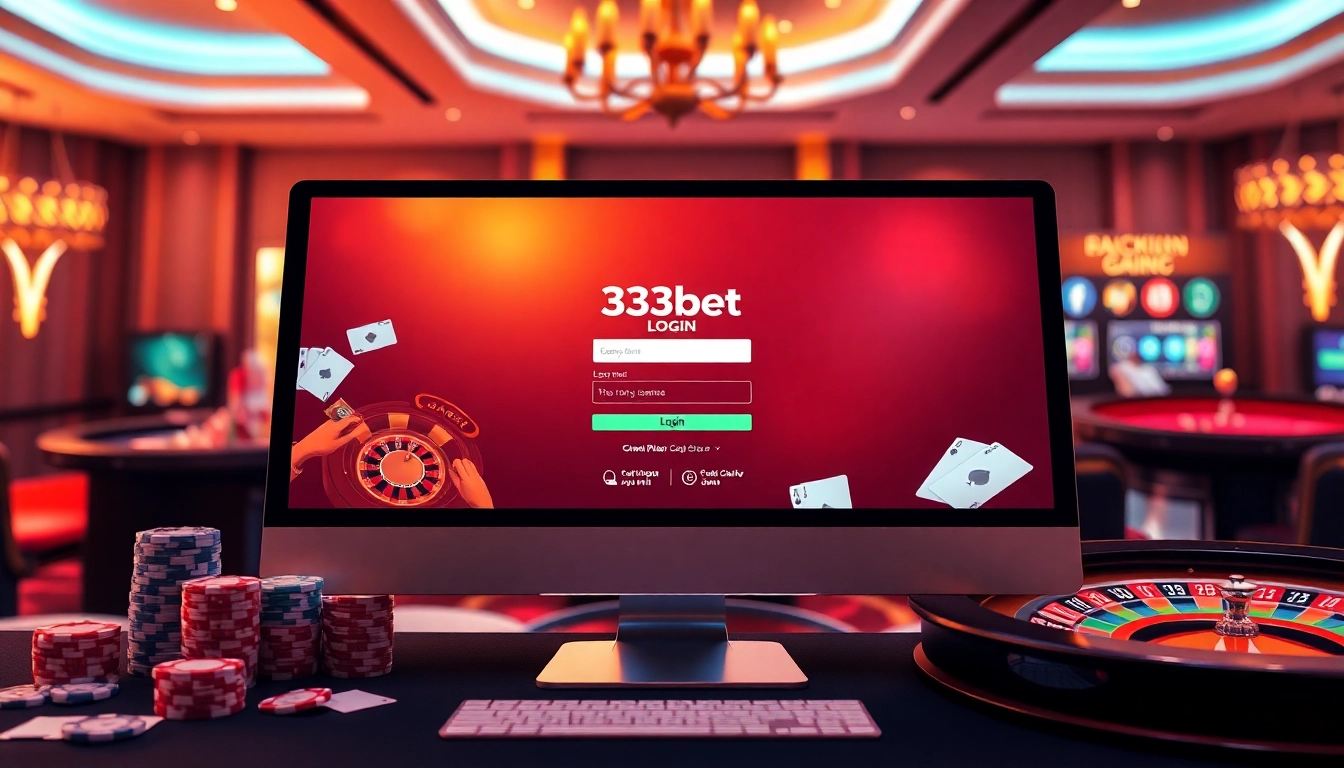 333bet Login interface displayed on a modern computer, surrounded by poker chips and cards