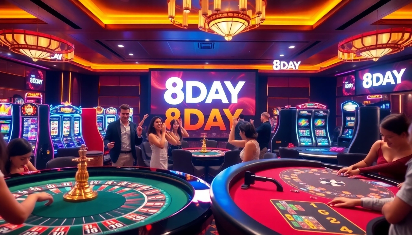 Experience the thrill of 8DAY casino with players at roulette and vibrant slot machines.