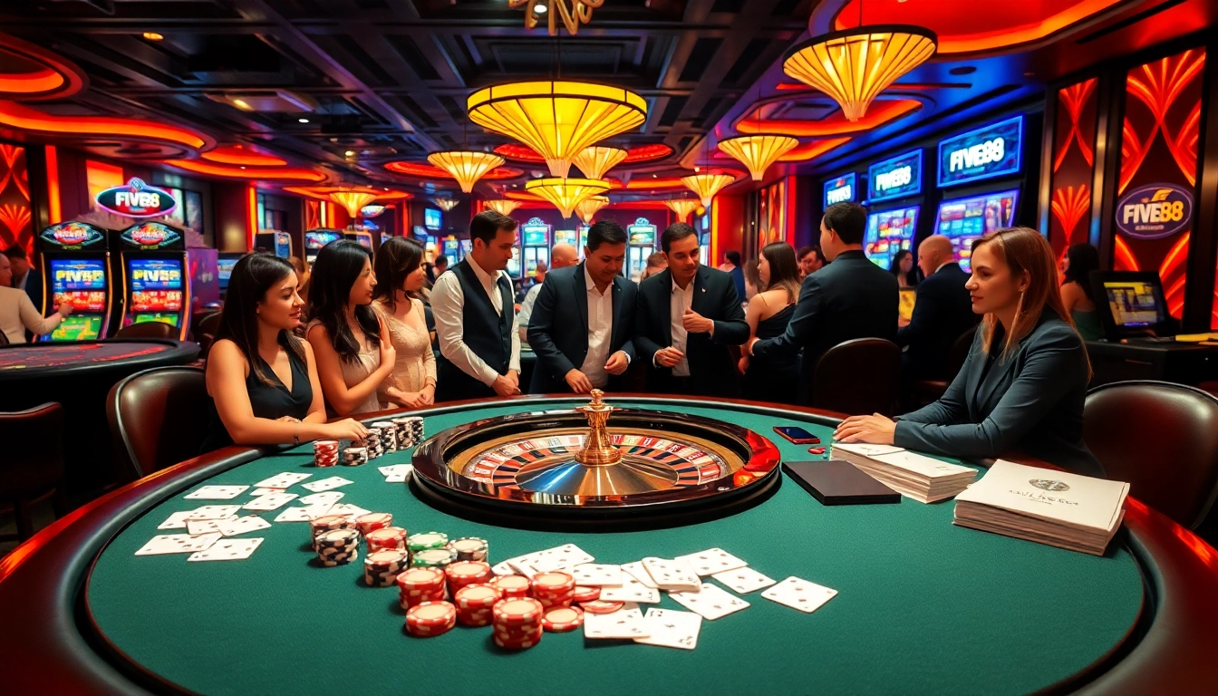 Engaging casino experience at FIVE88 with vibrant poker table and excited players.