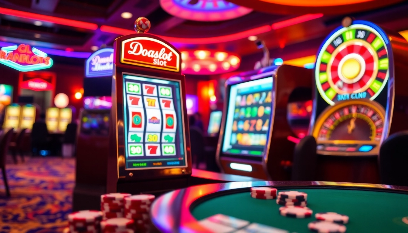 Playing the thrilling doaslot slot in an exciting casino atmosphere with vibrant lights and poker chips.