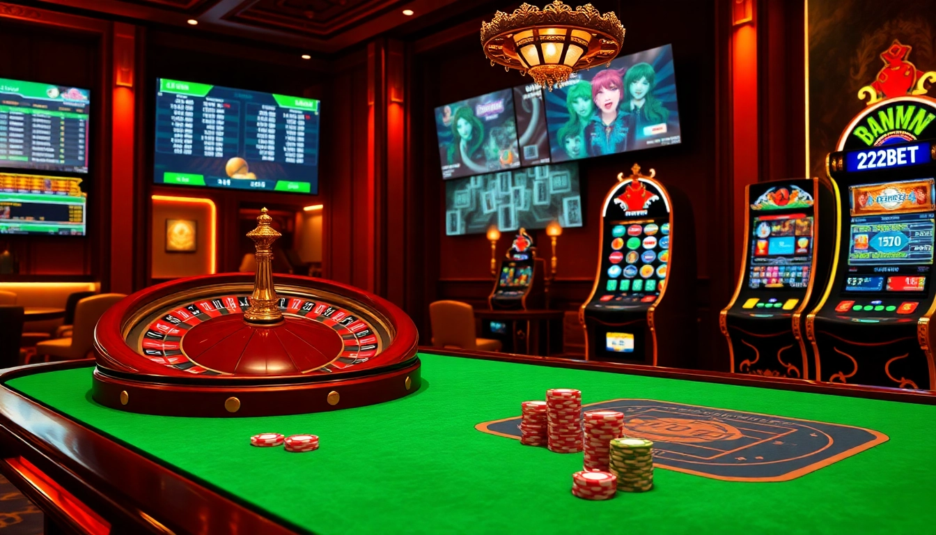 Experience live gaming excitement at 22bet.style with an elegant casino setup showcasing roulette, poker, and slots.