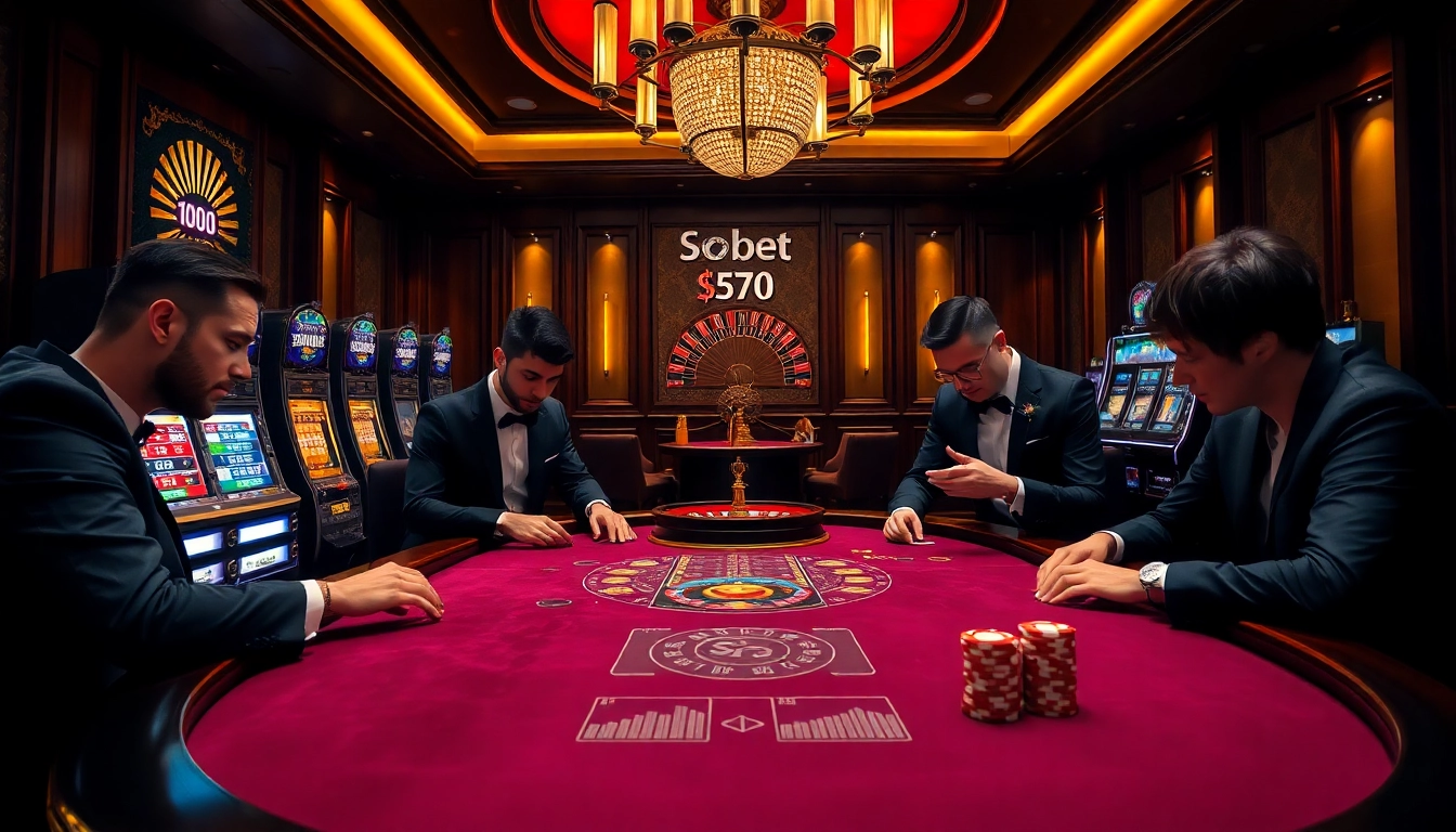 SBOBET gambling scene with poker players at a luxurious table, roulette wheel, and vibrant slot machines.