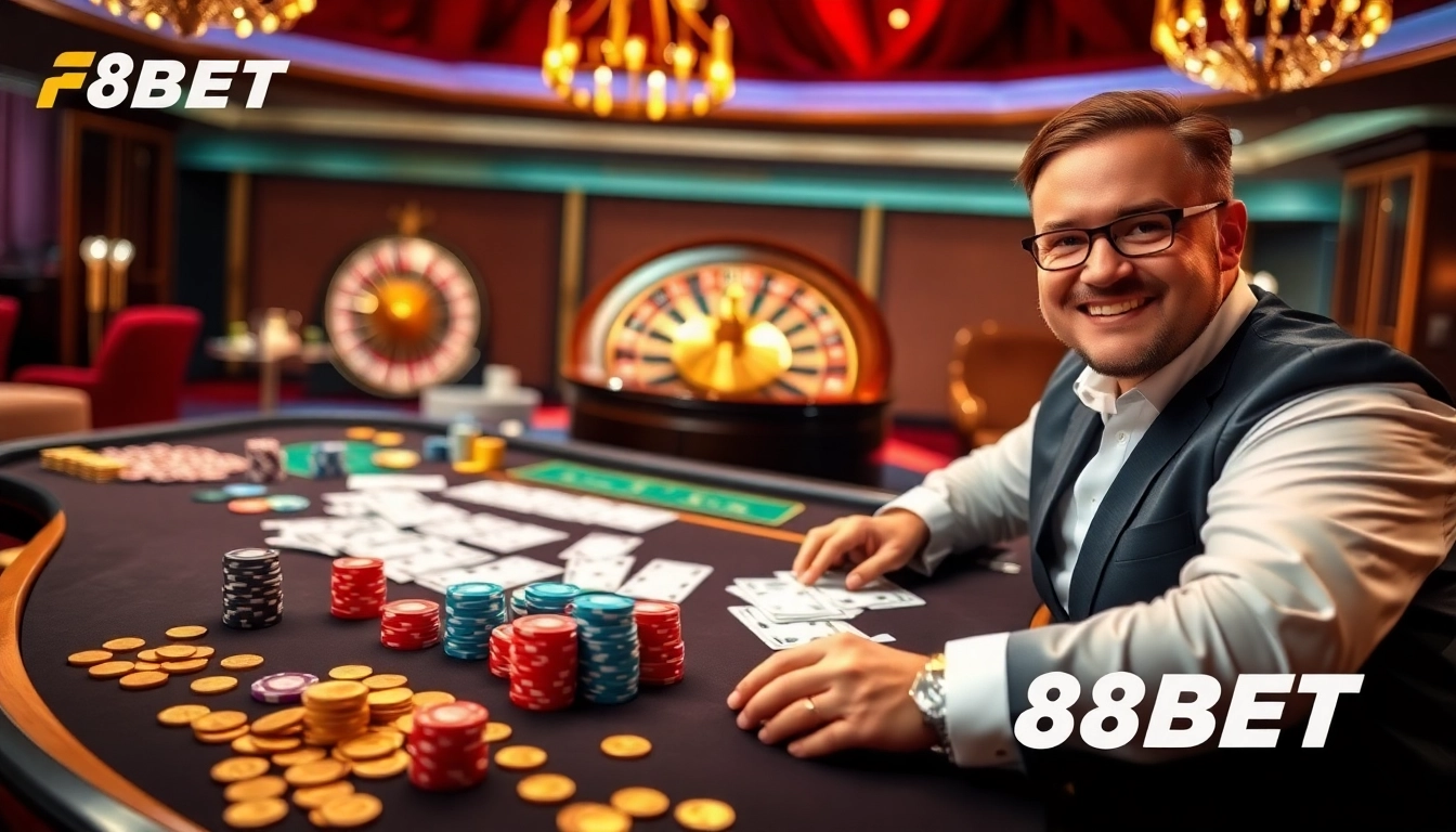 Players enjoying high-stakes poker at F8BET's luxurious casino tables.