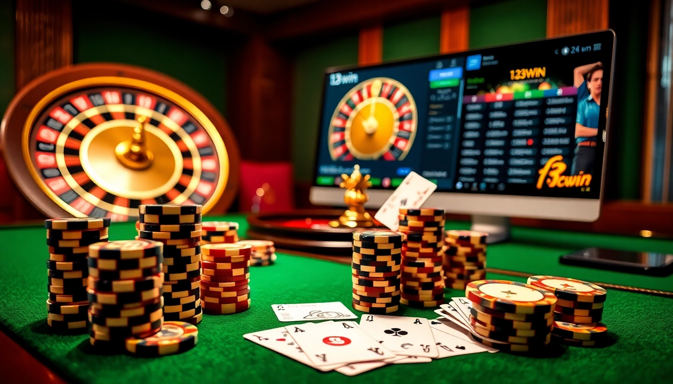 Players enjoying the excitement of 13win casino games with vibrant chips and roulette wheels.