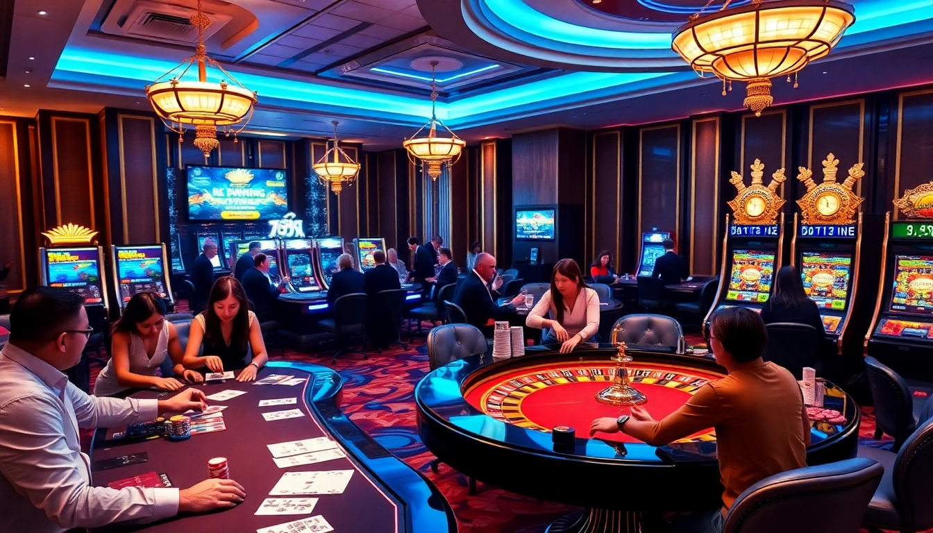 Players enjoying a thrilling casino experience at lucky88com.me, featuring vibrant tables and exciting slot machines.